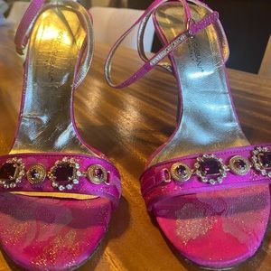 Dolce & Gabbana Fuchsia and gold gemstone satin strappy dress sandals sz 40.